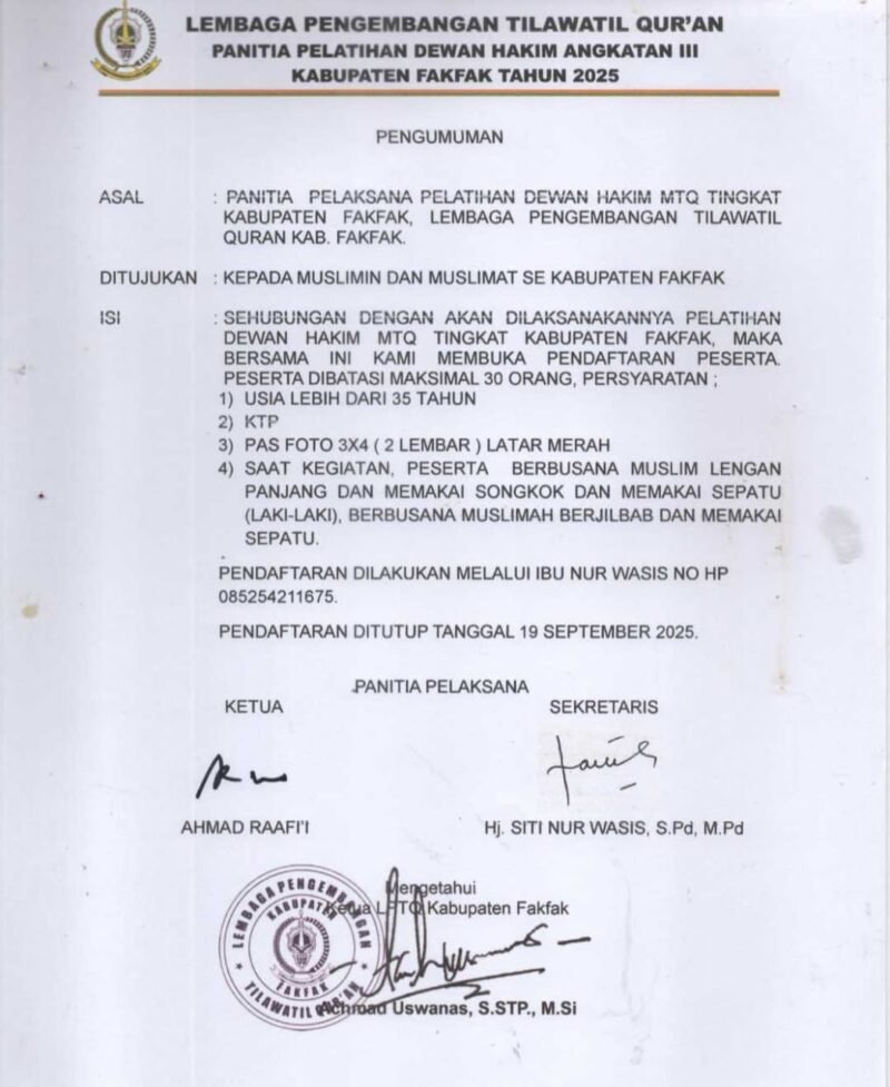 Foto. Pengumuman Pelatihan Dewan Hakim Musabaqah Tilawatil Qur’an (MTQ) tingkat Kabupaten Fakfak.