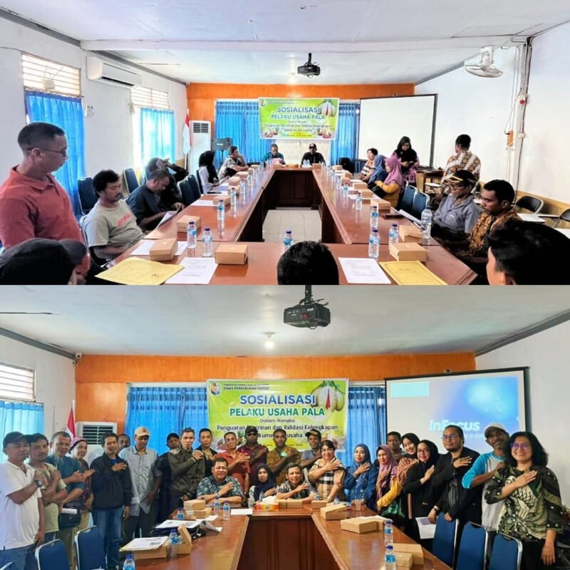 Foto. Sejumlah Pelaku usaha pala mengikuti sosialisasi yang berfokus pada pada penguatan perizinan dan validasi dokumen pengepul yang dilaksanakan di Ruang Rapat Tomandin Fakfak, Kamis (20/5/2025).