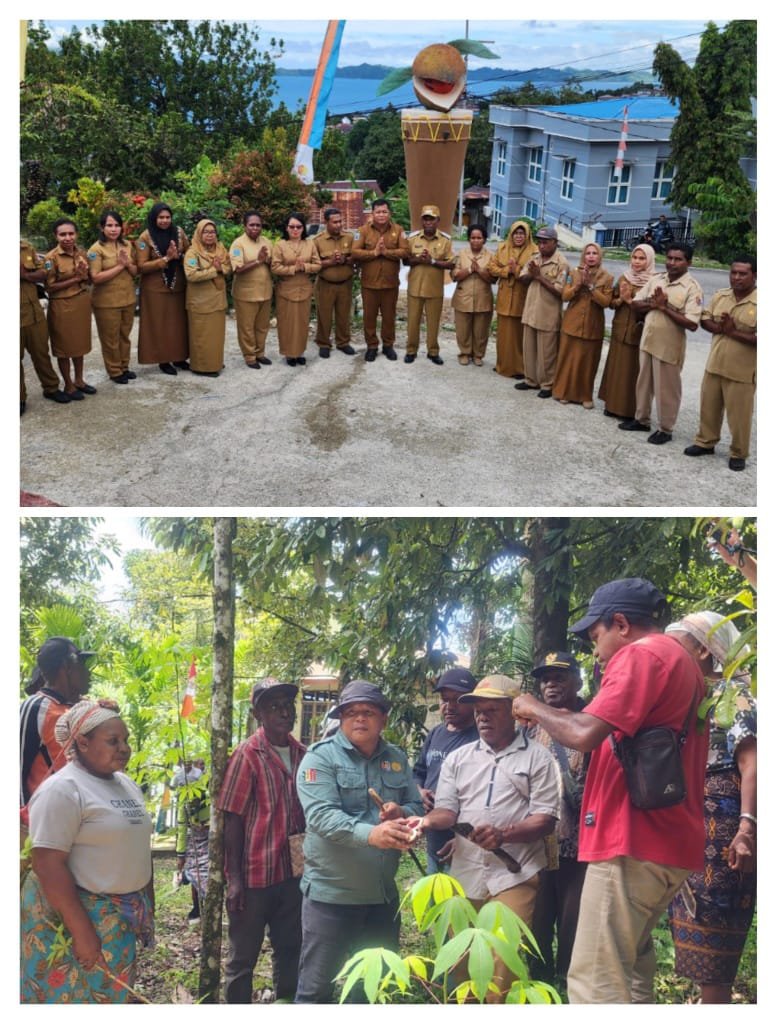 Wakil Bupati Fakfak Donatus Nimbitkendik bersama Plt. Kepala Dinas Perkebunan Fakfak Widhi Asmoro Jati berpose bersama para pejabat dan staf dilingkungan Dinas Perkebunan Fakfak. (Foto. Disbun)
